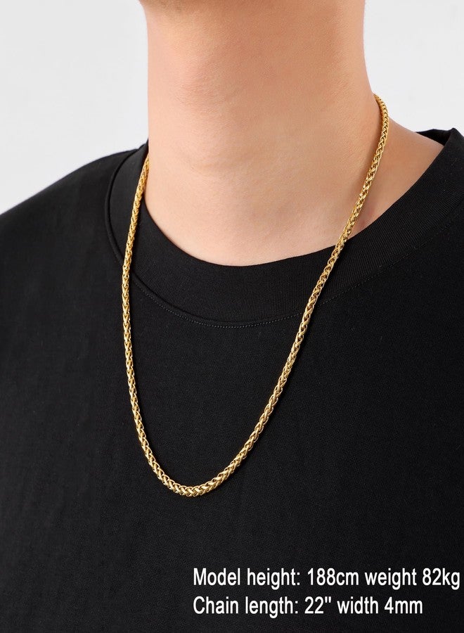 Fiusem 14K Gold Plated Wheat Chain Necklace for Men, 4mm 14K Gold Plated Stainless Steel Necklace Chains for Men and Women 28 Inch - Image 3